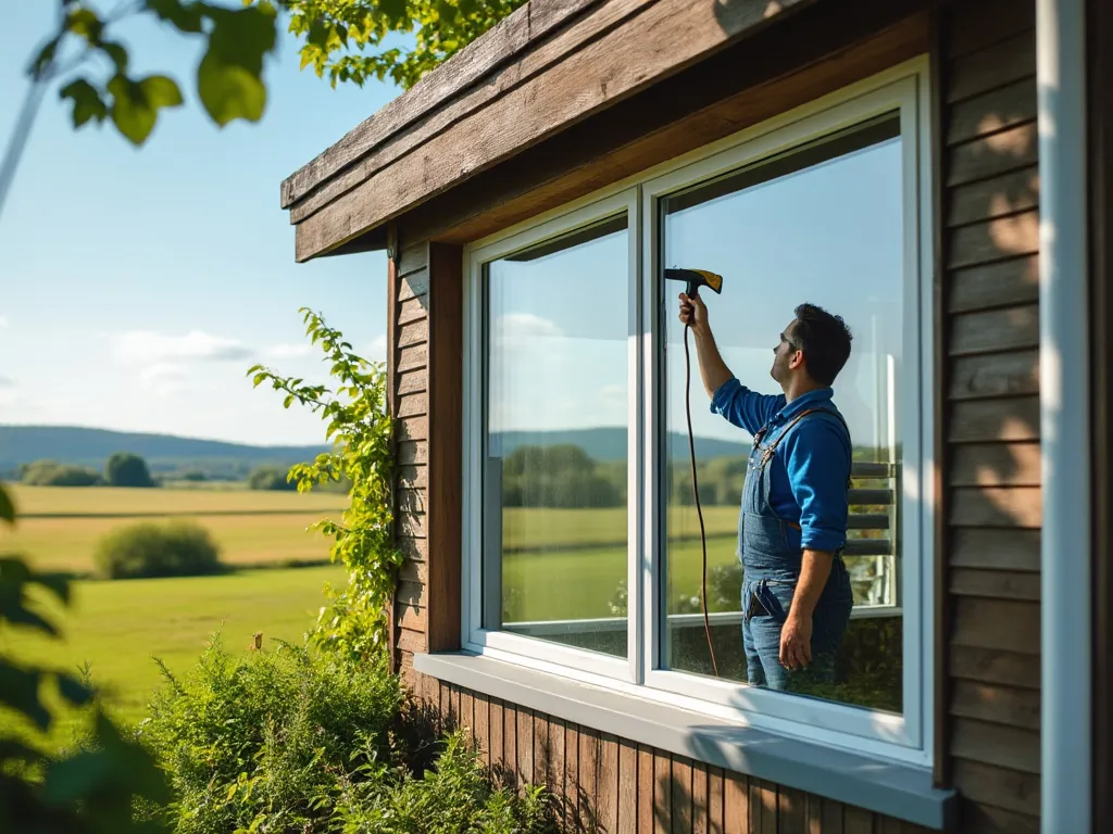 Guy cleaning windows from inside