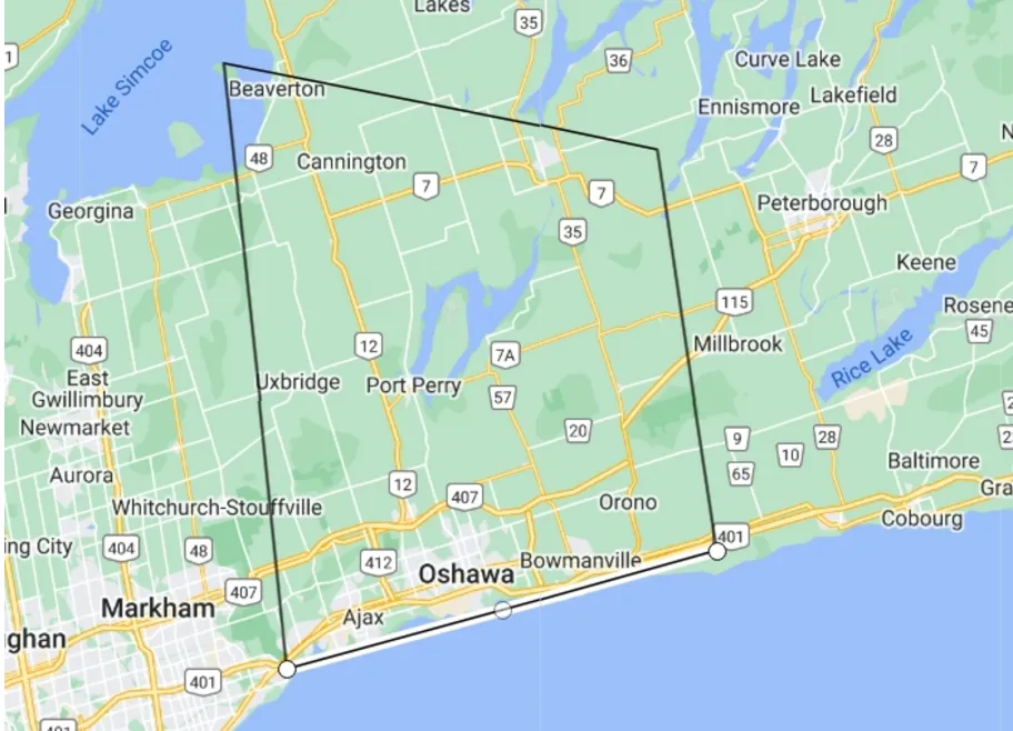 A map showing the service area for the Durham Division