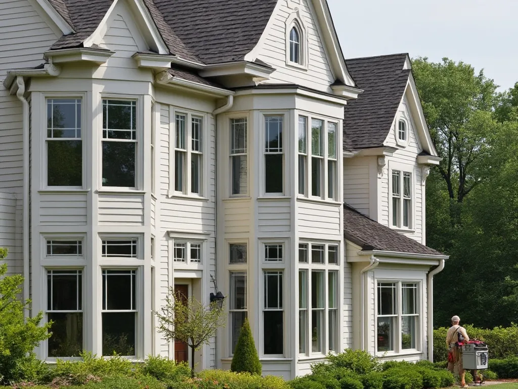 A mansion with a window cleaner walking outfront