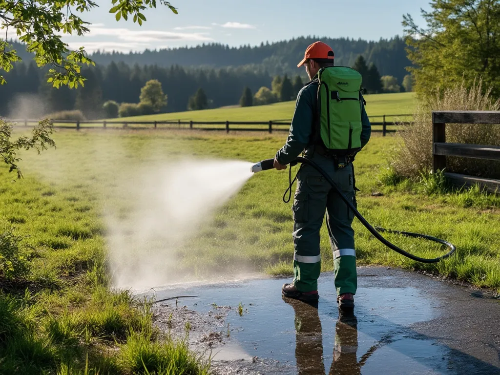 A guy pressure washing a deck